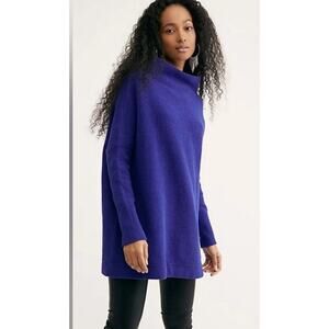 Free People Ottoman Slouchy Ribbed Mock Neck Tunic Length Sweater In Blue Size S